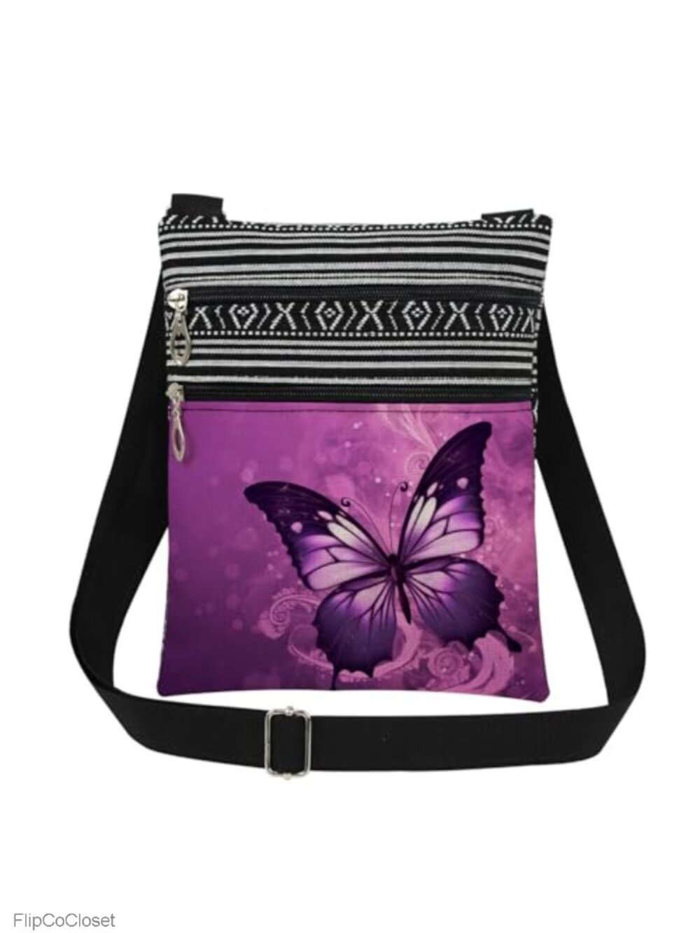 Purple Butterfly Crossbody Bag Polyester Adjustable Strap Travel Purse